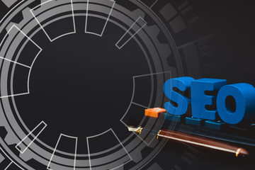 SEO text alphabet for Search Engine Optimization concept and Office supplies or office work essential tools or item calculator, business SEO idea.