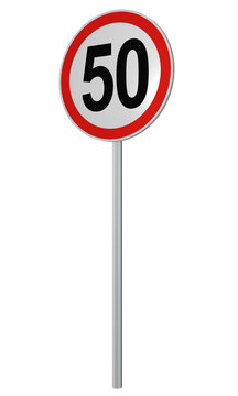 Deutsches Verkehrszeichen: Geschwindigkeitsbegrenzung 50 km/h, auf weiß isoliert, 3d render