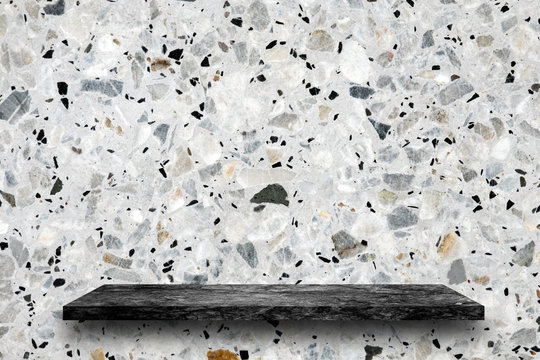 Empty top of black marble stone shelves on terrazzo background, product display, you can put product on shelves.