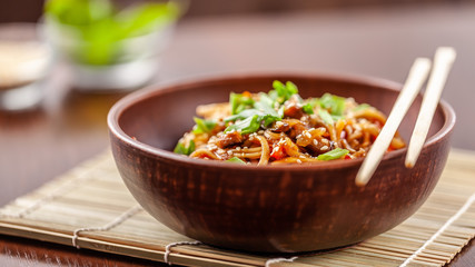 Asian Oriental Cuisine. Japanese noodles with chicken and vegetables, sesame and parsley, in a plate of red clay, stands on a table in a restaurant. Copy space, selective focus