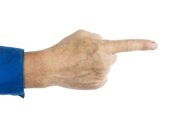 Worker hand with forefinger up for point something. Isolated on white background.