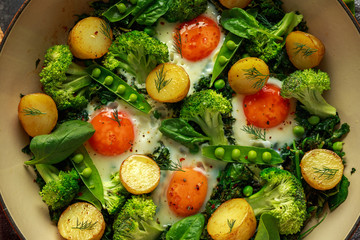 One Pan Green shakshuka with kale, broccoli, sweet peas, spinach and dill with free range eggs, perfect supper.