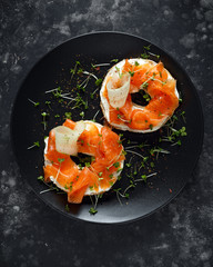 Smoked salmon bagel toasts with soft cheese, cucumber ribbons and cress salad