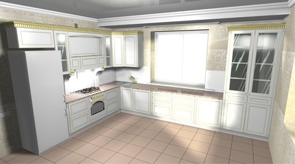 large white kitchen in classic style 3D rendering interior design