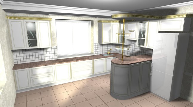 large kitchen in classic style 3D rendering interior design