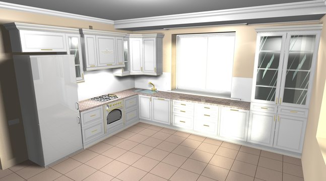 large white kitchen in classic style 3D rendering interior design