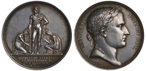 France French medal mid 19th century, subject Conquering Cities of Vienna and Pressburg (Bratislava) by Napoleon in 1805, two kneeling female figures holding keys, Napoleon as ancient hero in center,