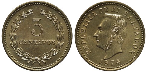 Salvador Salvadoran coin 3 three centavos 1974, value within wreath, head of Francisco Morazan left, date below,