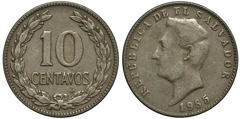 Salvador Salvadoran coin 10 ten centavos 1985, value within wreath, head of Francisco Morazan left, date below,