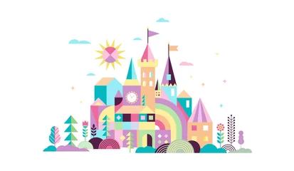 Wanddecoratie Sprookjeswereld Geometrisch sprookjeskoninkrijk, ridder- en prinseskasteel, kinderkamer, klaswanddecoratie. Kleurrijke vectorillustratie  © Marina Zlochin