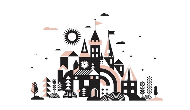 Geometric fairy tale kingdom, knight and princess castle, children room, class wall decoration. Colorful vector illustration