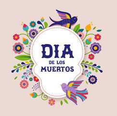 Obraz premium Day of the dead, Dia de los moertos, banner with colorful Mexican flowers. Fiesta, holiday poster, party flyer, greeting card