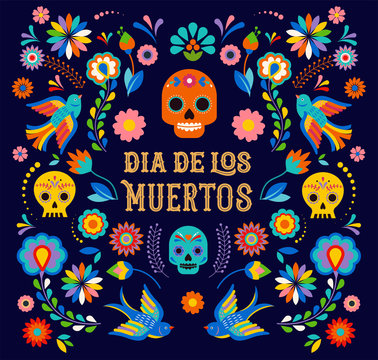 Day of the dead, Dia de los moertos, banner with colorful Mexican flowers. Fiesta, holiday poster, party flyer, greeting card