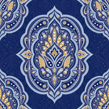 Floral indian paisley pattern vector seamless. Vintage flower ethnic ornament for persian rug fabric. Mandala oriental folk design for gypsy bedroom textile, boho pillow, silk scarf, yoga wallpaper.