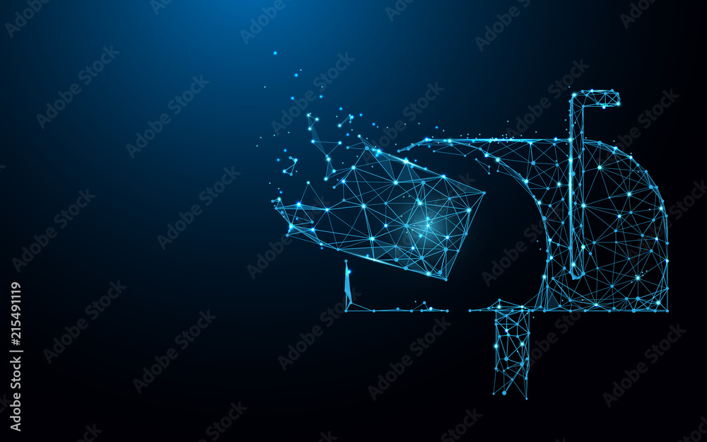 Poster mailbox with flying mail form lines, triangles and particle style design. illustration vector