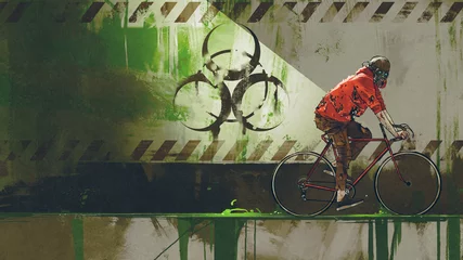 Tuinposter zombie with gas mask riding a bicycle in biohazard zone, digital art style, illustration painting © grandfailure