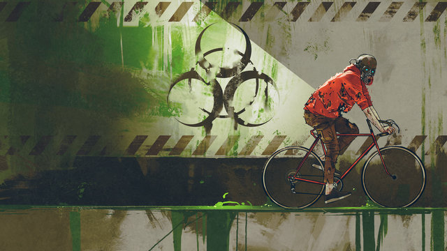 zombie with gas mask riding a bicycle in biohazard zone, digital art style, illustration painting