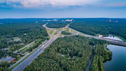 Aerial drone view on highway junction in Katowice.