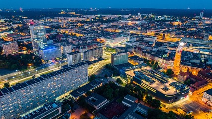 Aerial drone view on Katowice centre at night