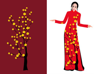Vector Cherry blossom on long dress for happy chinese new year