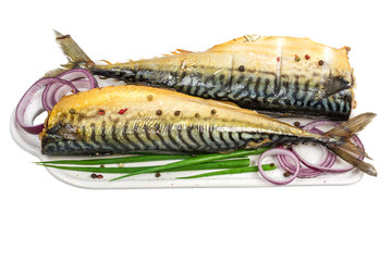 smoked mackerel on white cutting board isolated on white background