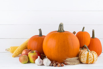 Autumn harvest on wooden table