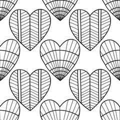 Decorative hearts. Black and white illustration for coloring book or page. Seamless pattern, love background.
