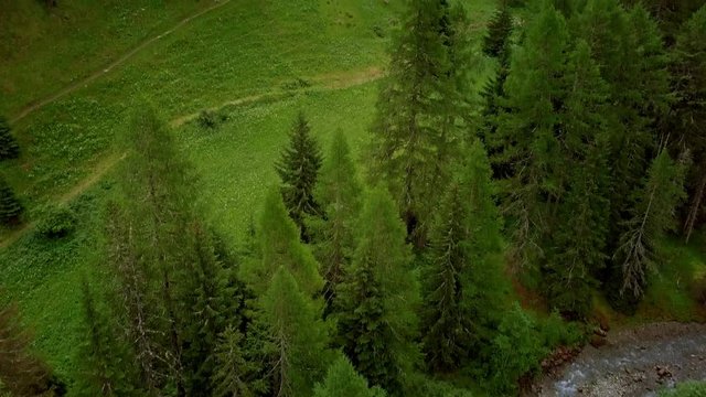 Camera flies slowly over a creek between fir trees and reveals a small chapel standing ontop of a small cliff midst a forest in the swiss mountains.