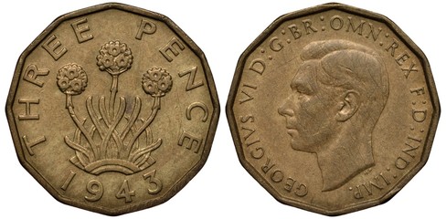 United Kingdom British coin 3 three pence 1943, WWII issue, thrift plant allium porrum, head of King George VI left, 