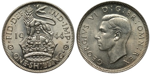 United Kingdom British coin 1 one shilling 1944, WWII issue, crowned lion standing on crown divides...