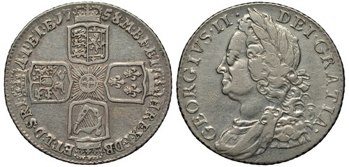 United Kingdom British silver coin 1 one shilling 1758, four crowned shields with lions, lily and harp in cross-like pattern, stylized sun in center, bust of King George II left, 