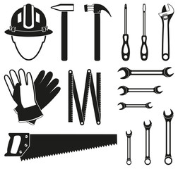 Black and white 15 handyman tools silhouette set