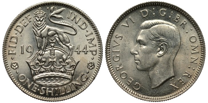 United Kingdom British coin 1 one shilling 1944, WWII issue, crowned lion standing on crown divides date, King George VI head left, English type, 