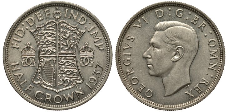 United Kingdom British silver coin 1/2 half crown 1937, first year of reign, shield with lions and Irish harp flanked by crowned monograms, date below, King George VI head left, 