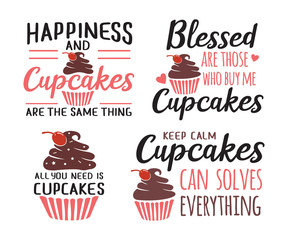 cupcakes baking funny quote saying vector design set