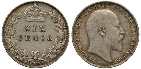 Great Britain British silver coin 6 six pence 1905, value flanked by laurel and oak branches, crown above, King Edward VII head right, 