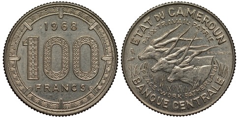 Cameroun coin 100 one hundred 1968, value within ornamented circle, three antelopes in center, date below, 