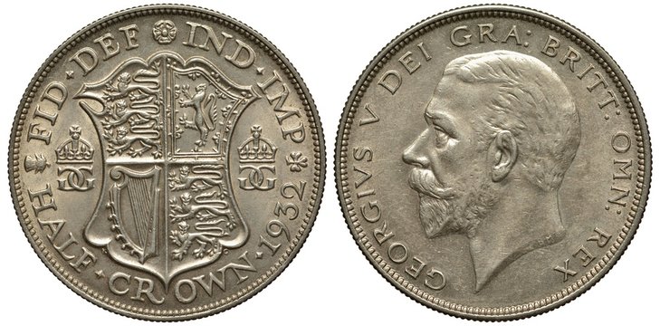 United Kingdom British silver coin 1/2 half crown 1932, shield with lions and Irish harp flanked by crowned monograms, date below, King George V head left, 