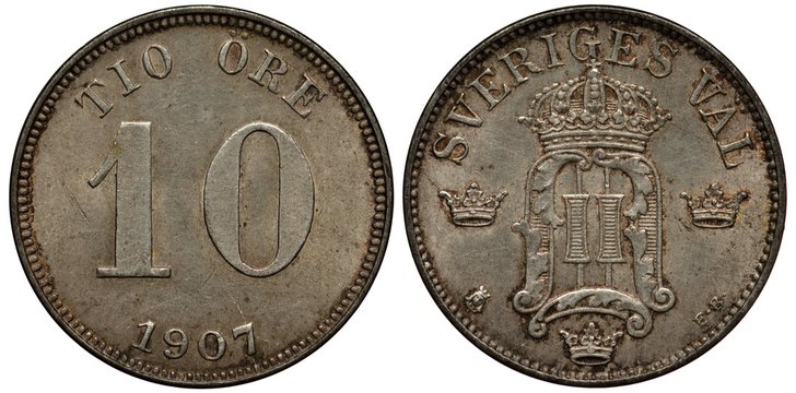 Sweden Swedish 10 ten ore 1907, face value, date below, crowned monogram surrounded by crowns, 