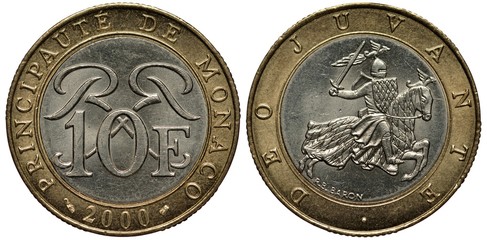 Monaco Monegasque bimetallic coin 10 ten francs 2000, face value in front of monogram, knight with...