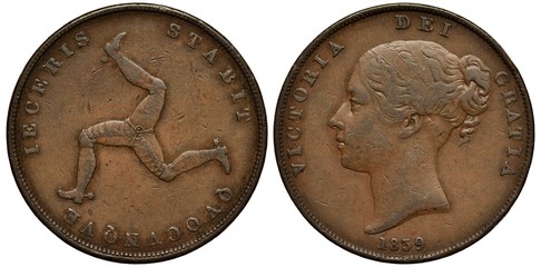 Isle of Man, Manx coin 1 one penny 1839, triskelion (triple leg), motto in Latin No matter how...