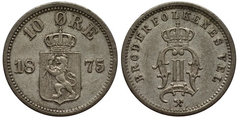 Norway Norwegian silver coin 10 ten ore 1875, crowned shield with lion with hatchet divides date, crowned monogram, small crossed hammers below,