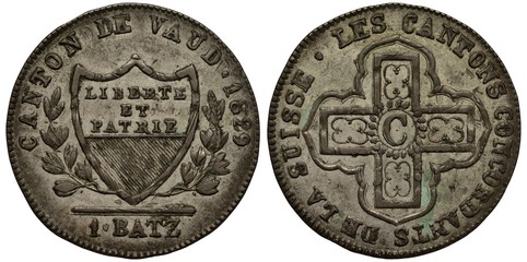 Switzerland Swiss silver coin 1 one batzen 1829, canton Vaud, shield flanked by branches, ornamented cross, 