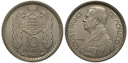 Monaco Monegasque coin 10 ten francs 1946, two men supporting shield in front of crowned mantle,...