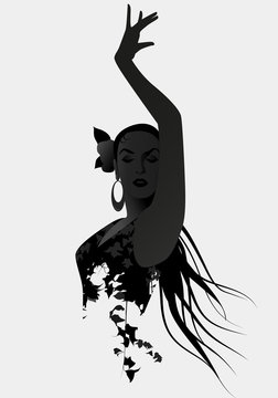 Silhouette Of Spanish Flamenco Dancer Isolated On White Background