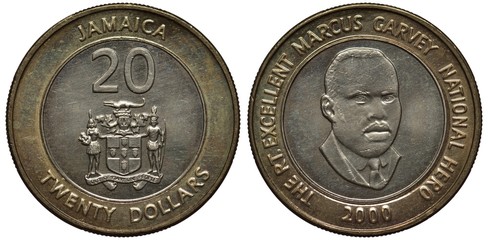 Jamaica Jamaican bimetallic coin 20 twenty dollars 2000, shield with supporters, crocodile above,...