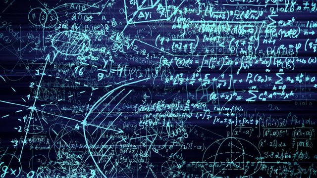 Blocks of abstract mathematical formulas are written and moved in the virtual space. The camera flies through the mathematical formulas. looped