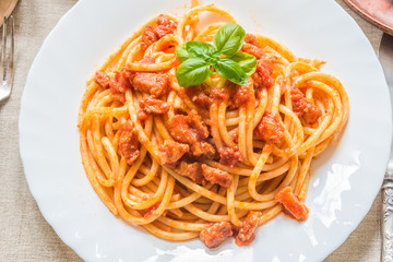 Pasta Amatratciana with Parmesan cheese and a basil leaf on a white plate