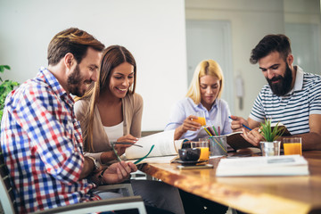 Group of students study at home. Learning and preparing for university exam.