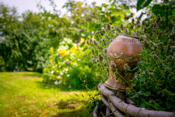 Old clay jug and green summer village garden